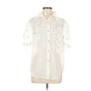 Beulah Short Sleeve White Sheer Collared 3D Flowers Blouse M